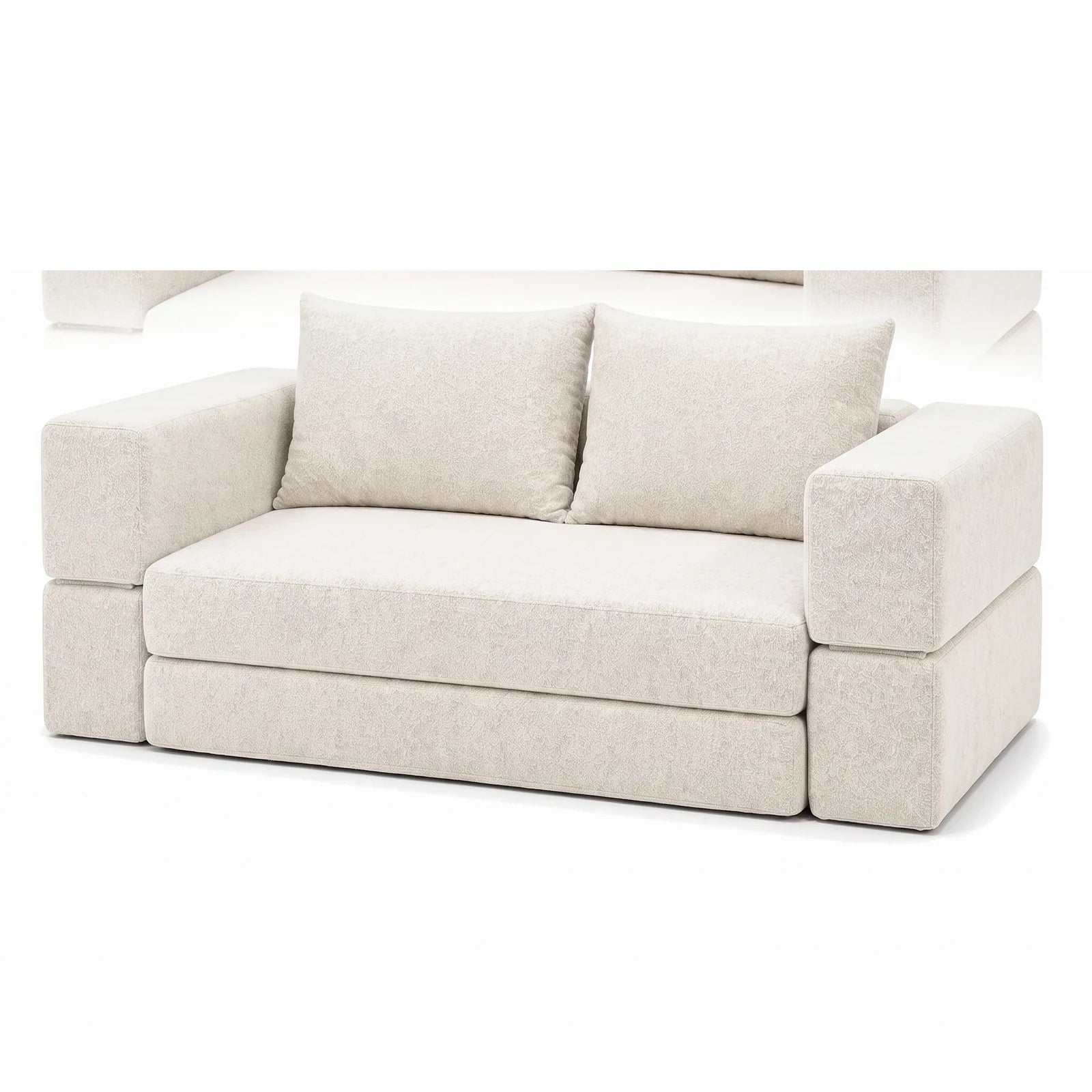 #BlancCrème Canapé lit Nido blanc crème en tissu chenille, vue de trois quarts droite, accoudoirs larges