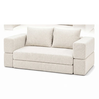 #BlancCrème Canapé lit Nido blanc crème en tissu chenille, vue de trois quarts droite, accoudoirs larges