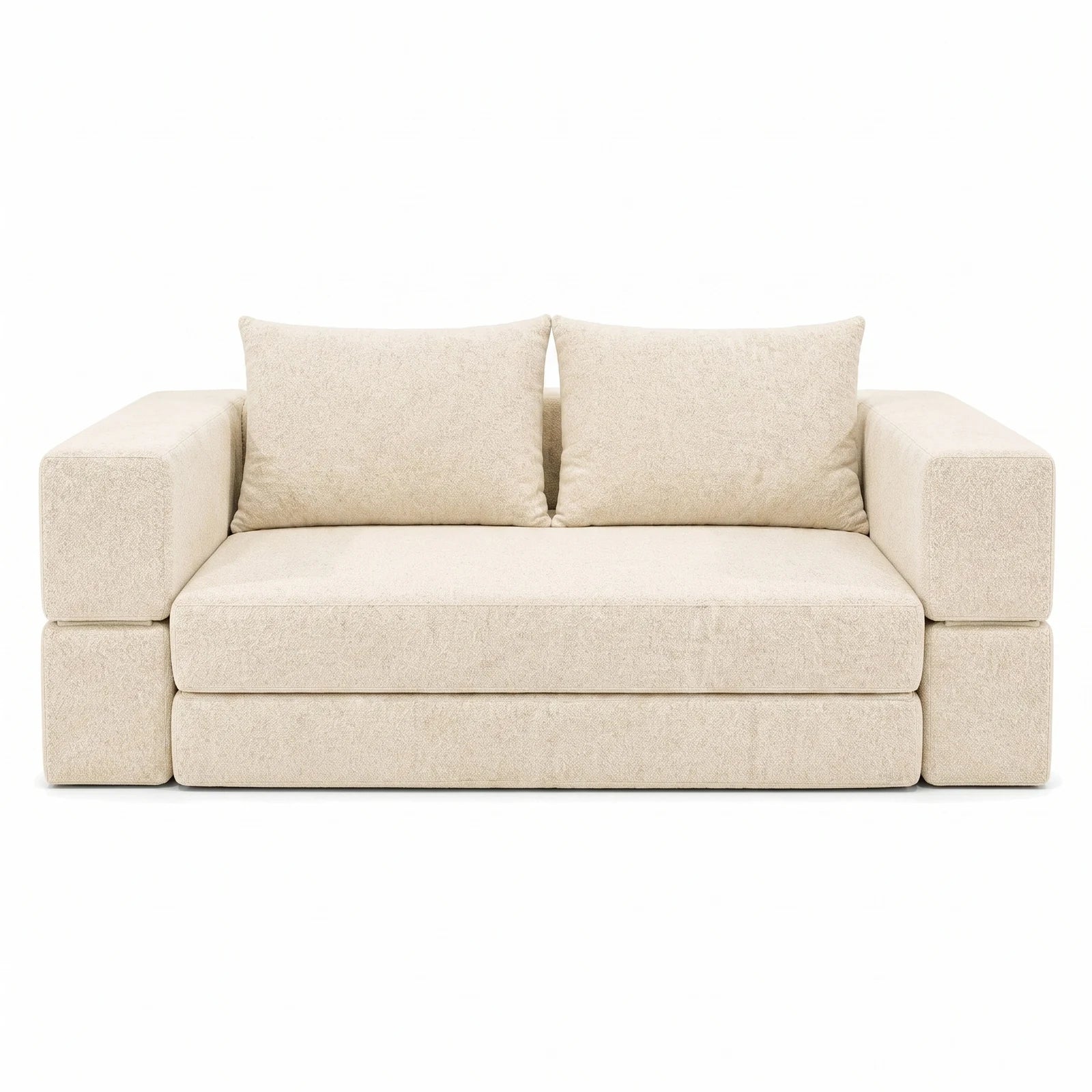 #BlancCrème Canapé lit Nido blanc crème en tissu chenille, vue de face en position canapé 2 places