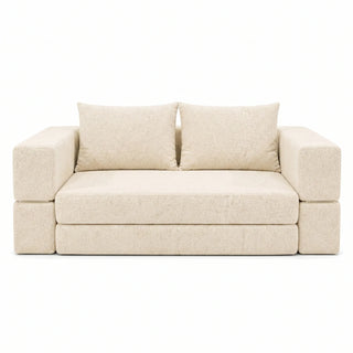 #BlancCrème Canapé lit Nido blanc crème en tissu chenille, vue de face en position canapé 2 places
