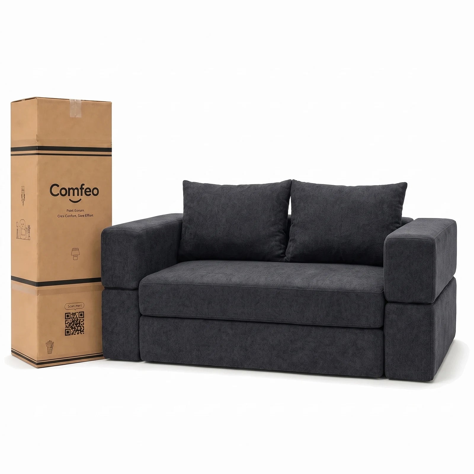 #Noir Canapé lit Nido noir en tissu chenille, livré compressé dans un seul carton de 45 x 45 x 125 cm