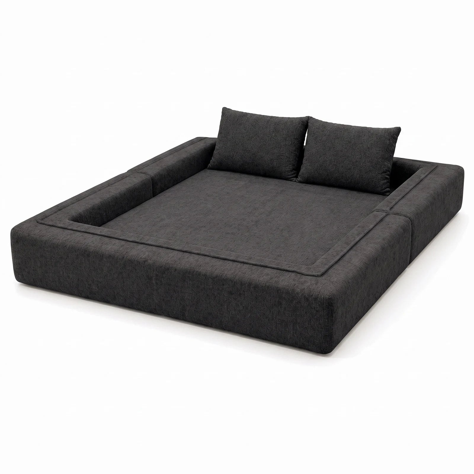 #Noir Canapé lit Nido noir en tissu chenille, déplié en lit de 200 x 200 cm, bordé sur trois côtés