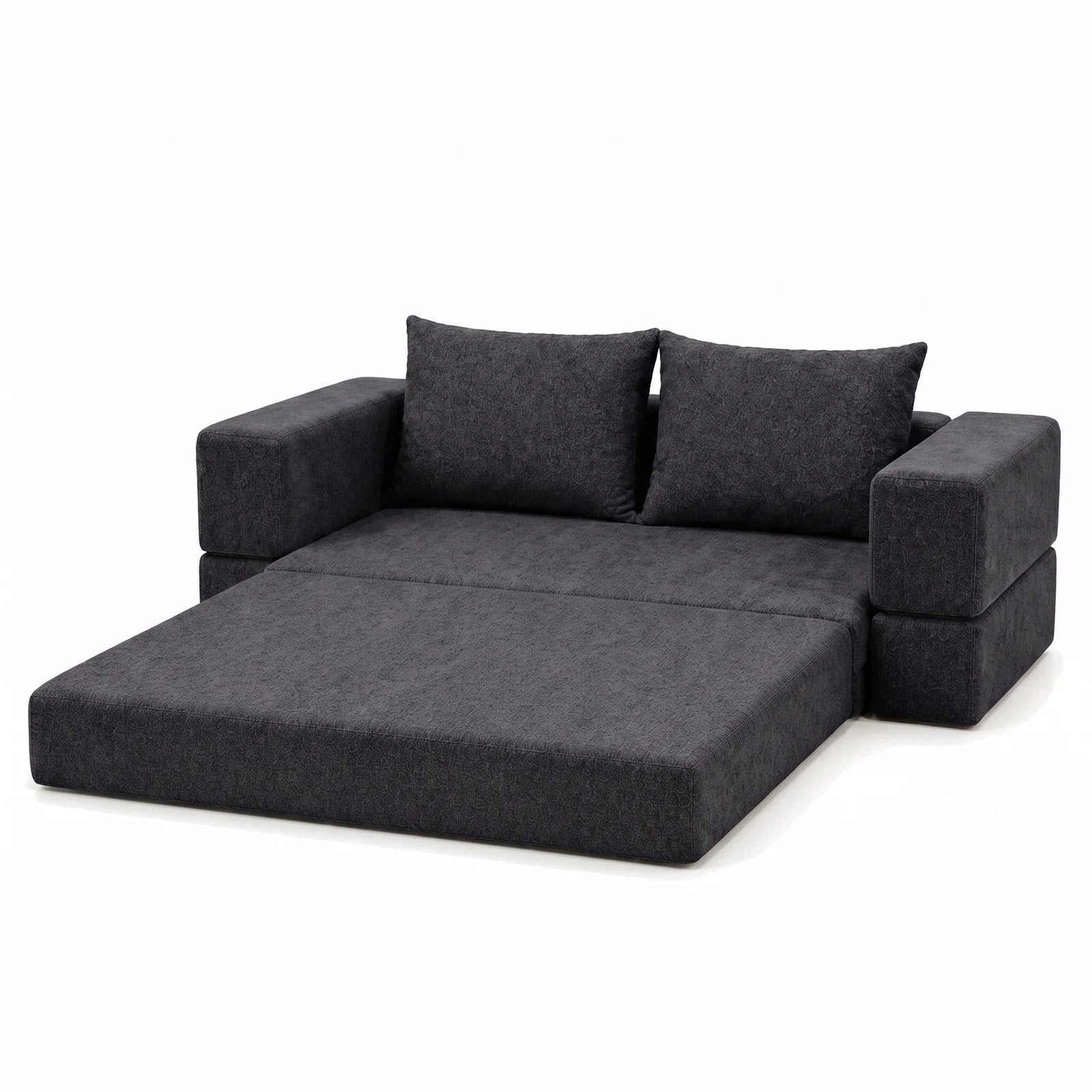 #Noir Canapé lit Nido noir en tissu chenille, déplié en position méridienne