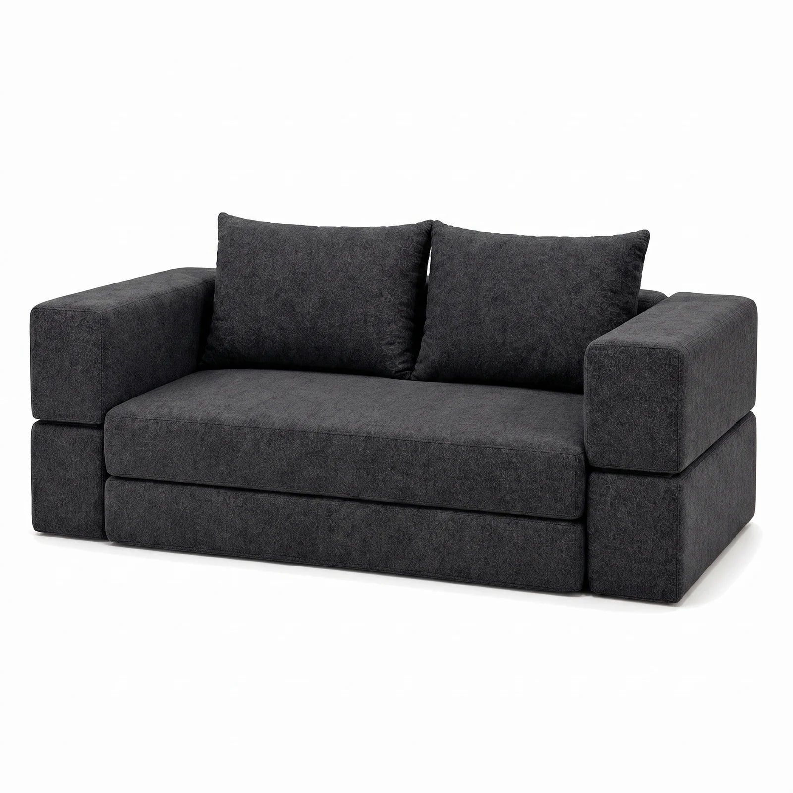 #Noir Canapé lit Nido noir en tissu chenille, vue de trois quarts droite, accoudoirs larges