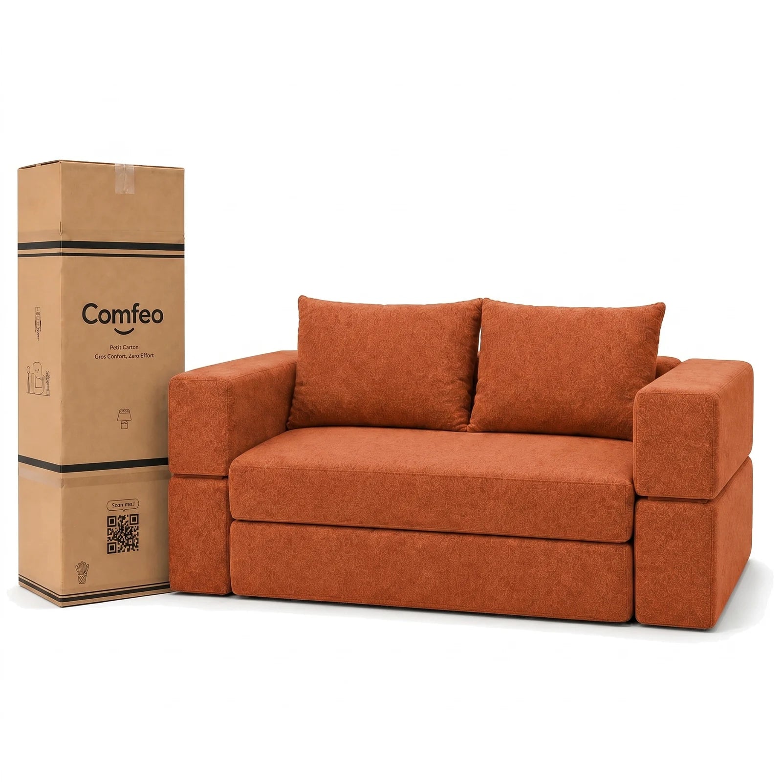 #OrangeTerracotta Canapé lit Nido orange terracotta en tissu chenille, livré compressé dans un seul carton de 45 x 45 x 125 cm