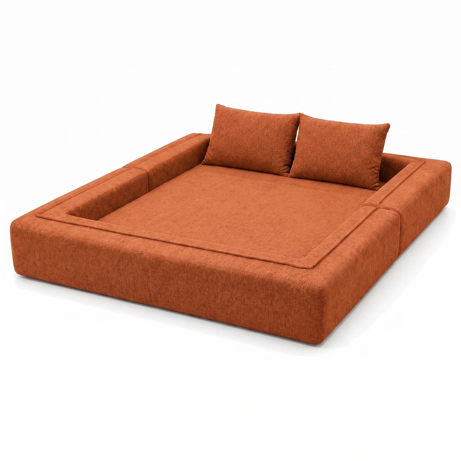 #OrangeTerracotta Canapé lit Nido orange terracotta en tissu chenille, déplié en lit de 200 x 200 cm, bordé sur trois côtés
