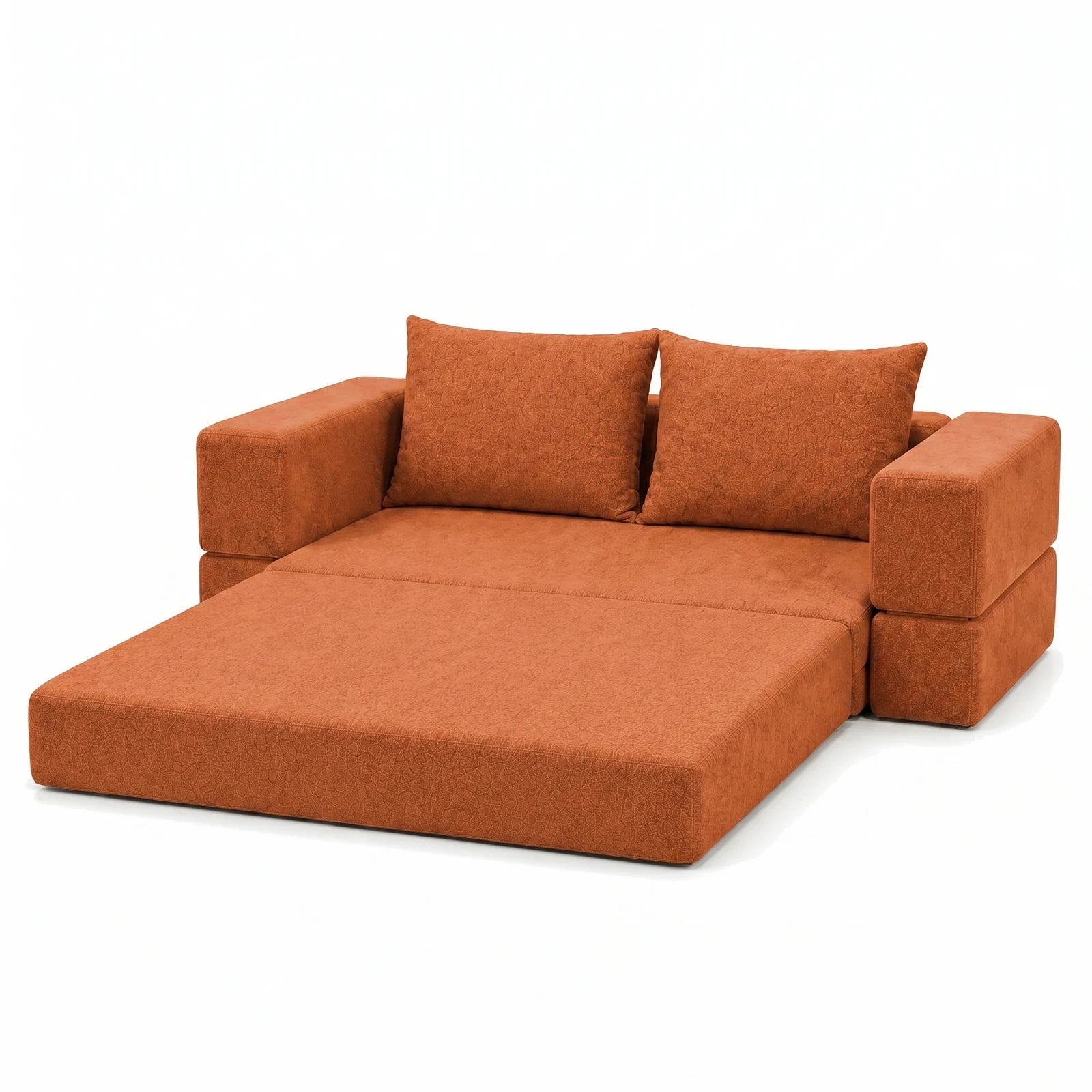 #OrangeTerracotta Canapé lit Nido orange terracotta en tissu chenille, déplié en position méridienne