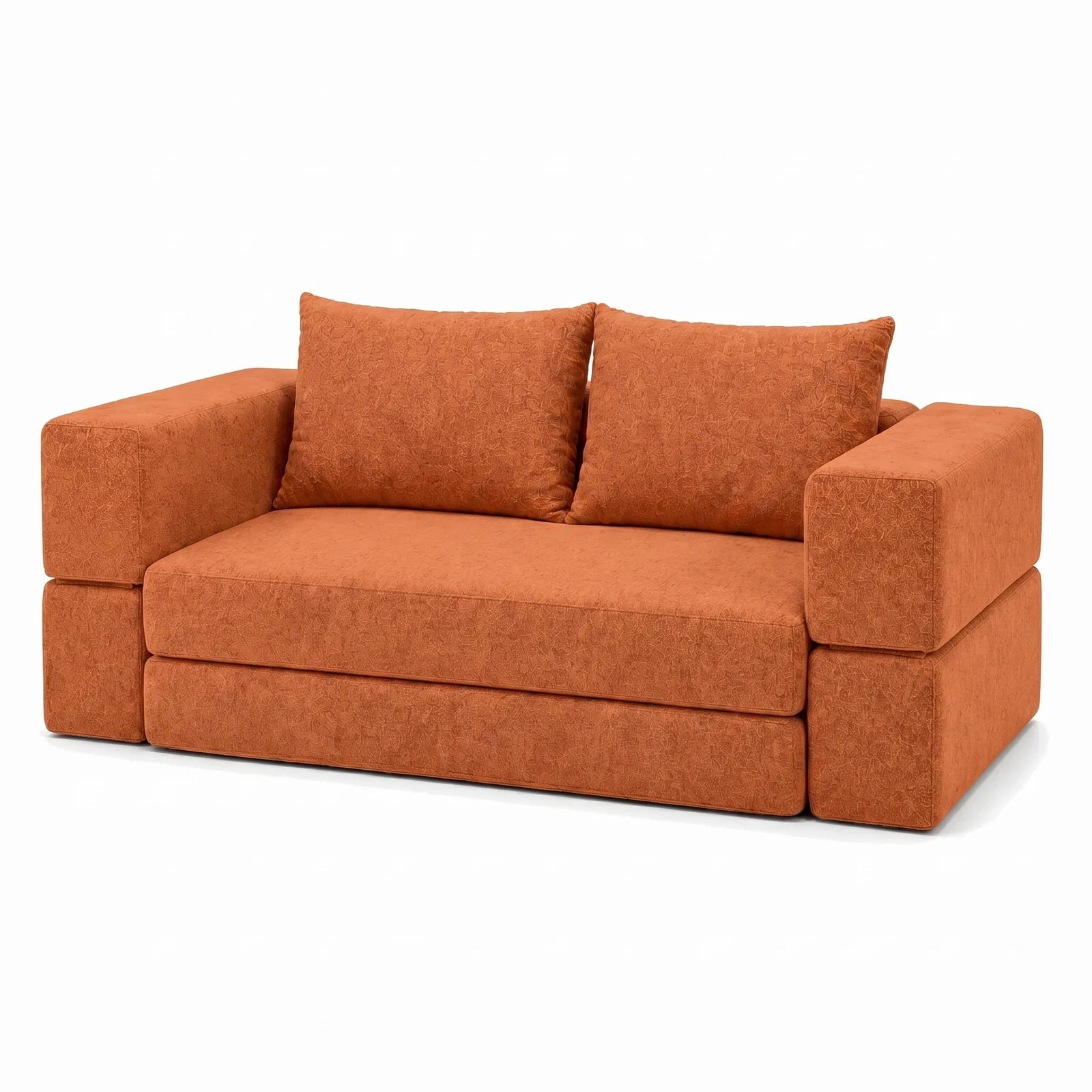 #OrangeTerracotta Canapé lit Nido orange terracotta en tissu chenille, vue de trois quarts droite, accoudoirs larges