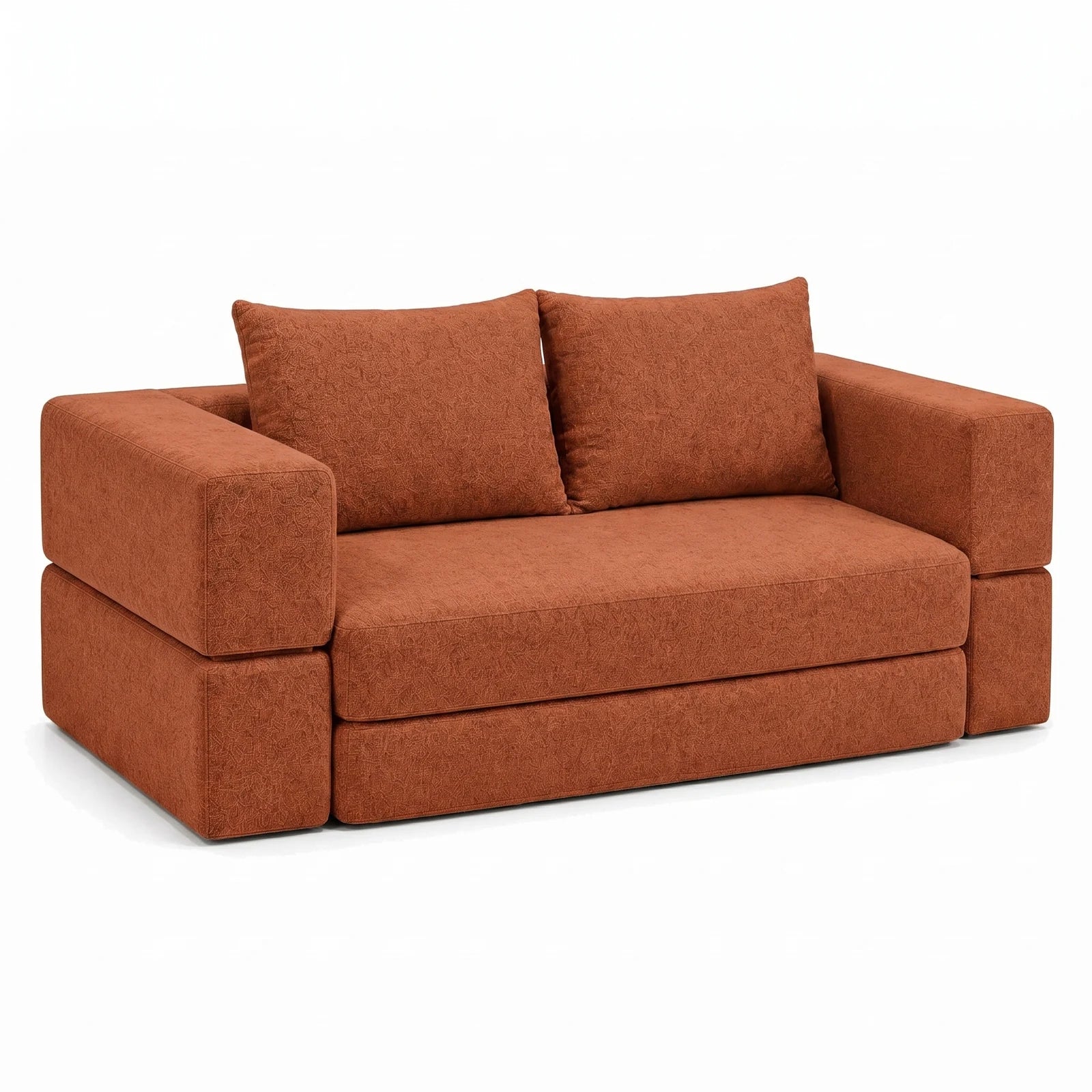 #OrangeTerracotta Canapé lit Nido orange terracotta en tissu chenille, vue de trois quarts gauche
