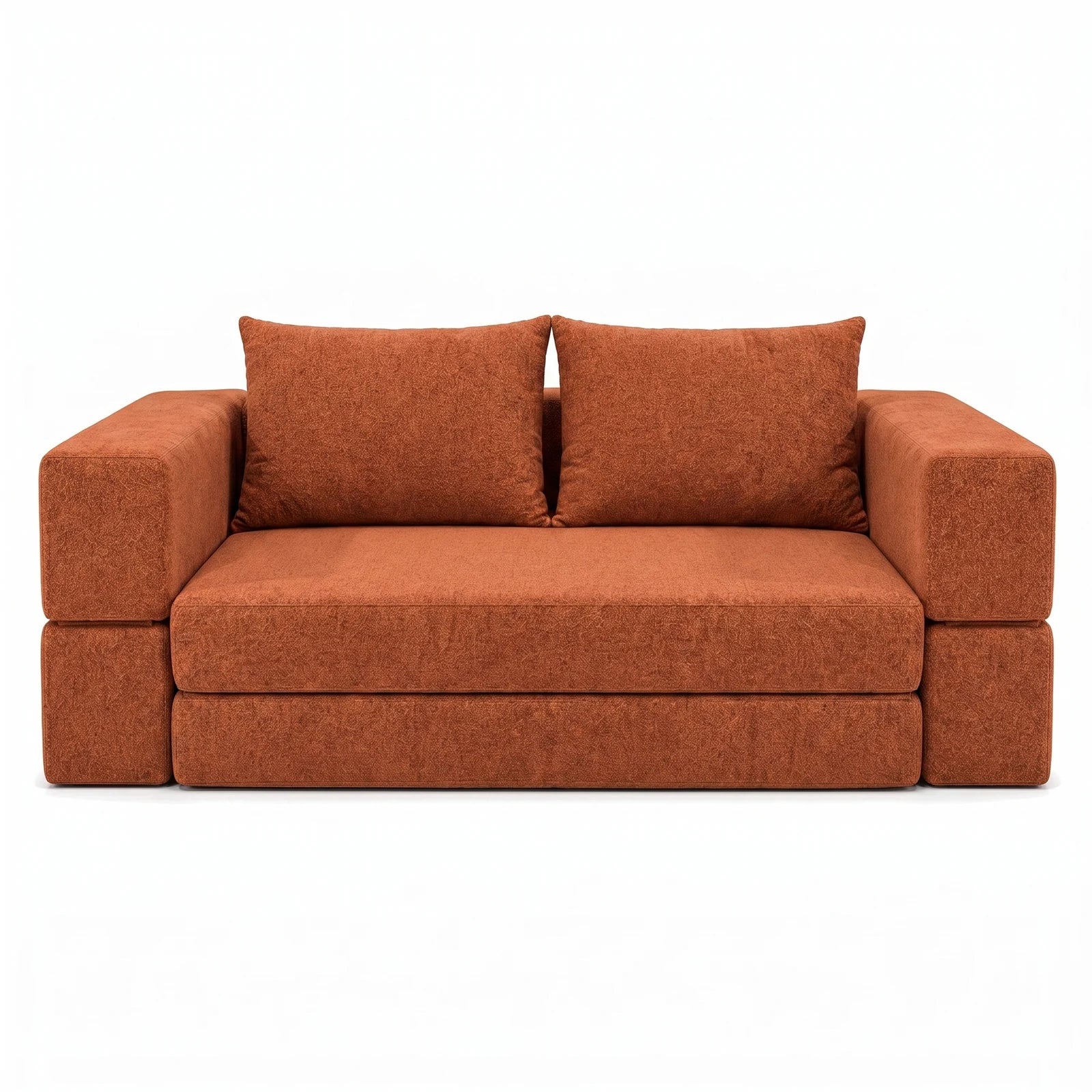 #OrangeTerracotta Canapé lit Nido orange terracotta en tissu chenille, vue de face en position canapé 2 places