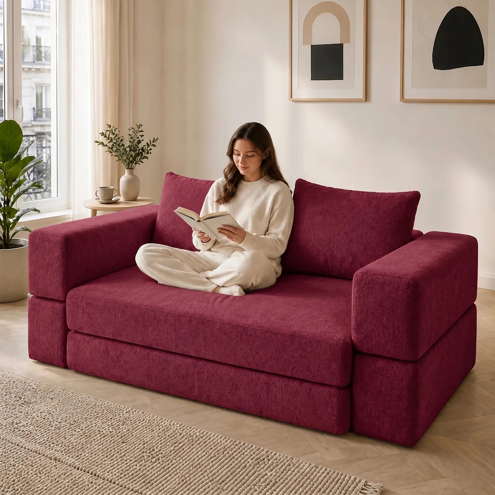 #RougeBordeaux Canapé lit Nido rouge bordeaux en tissu chenille, installé dans un salon lumineux
