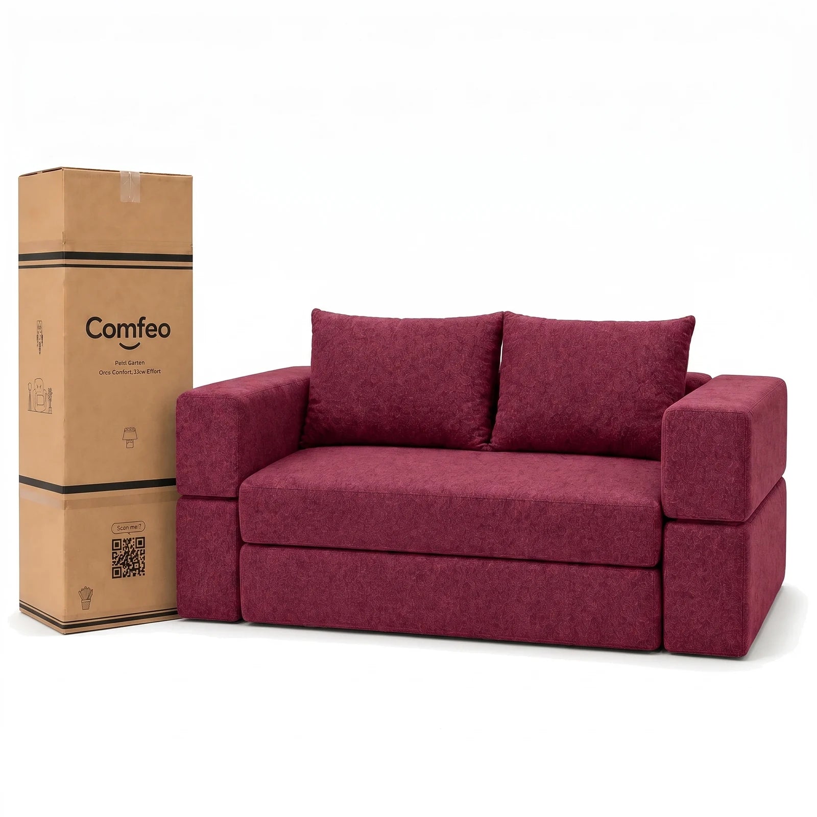 #RougeBordeaux Canapé lit Nido rouge bordeaux en tissu chenille, livré compressé dans un seul carton de 45 x 45 x 125 cm