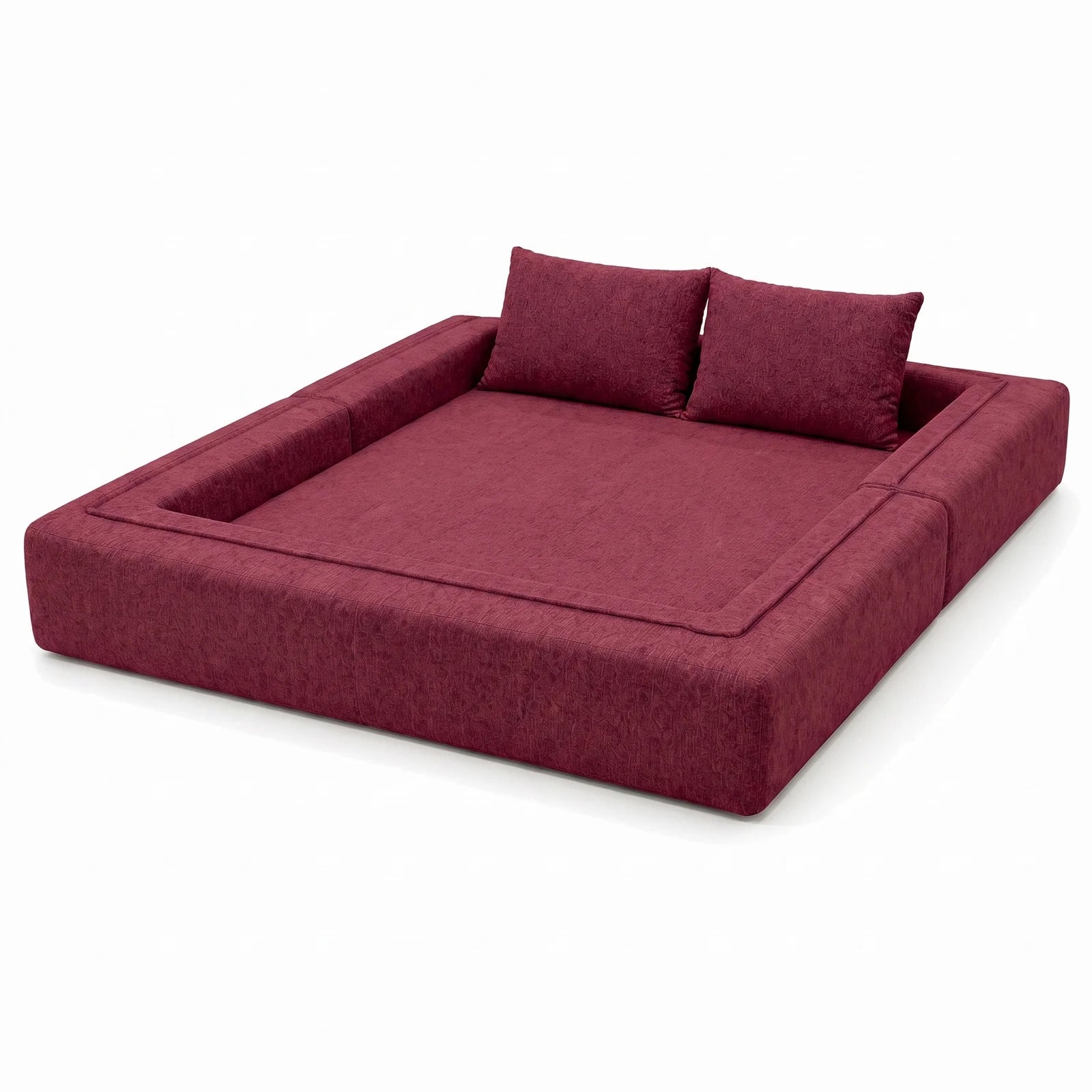 #RougeBordeaux Canapé lit Nido rouge bordeaux en tissu chenille, déplié en lit de 200 x 200 cm, bordé sur trois côtés