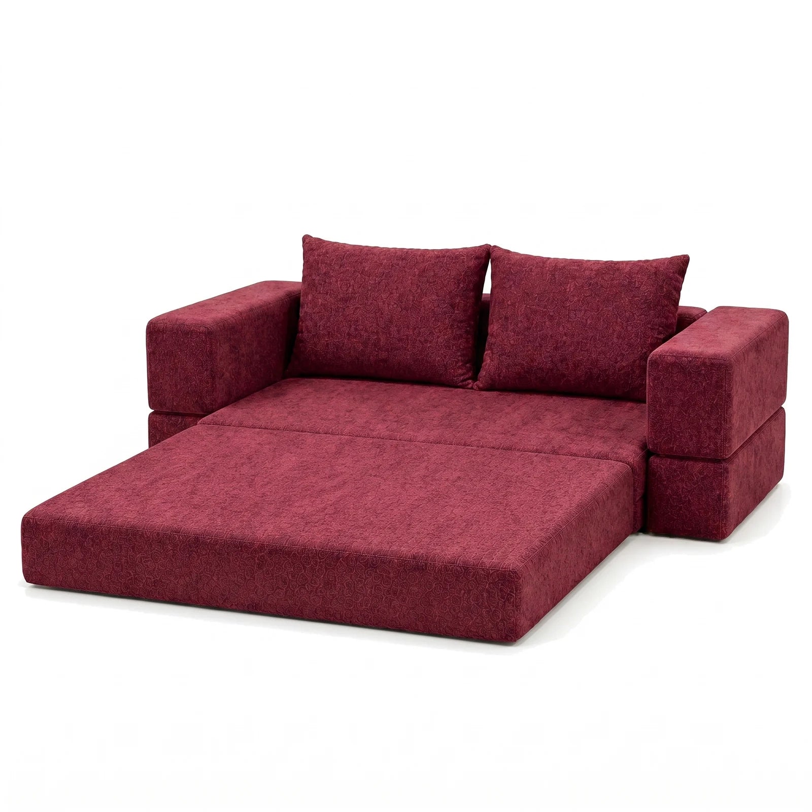 #RougeBordeaux Canapé lit Nido rouge bordeaux en tissu chenille, déplié en position méridienne