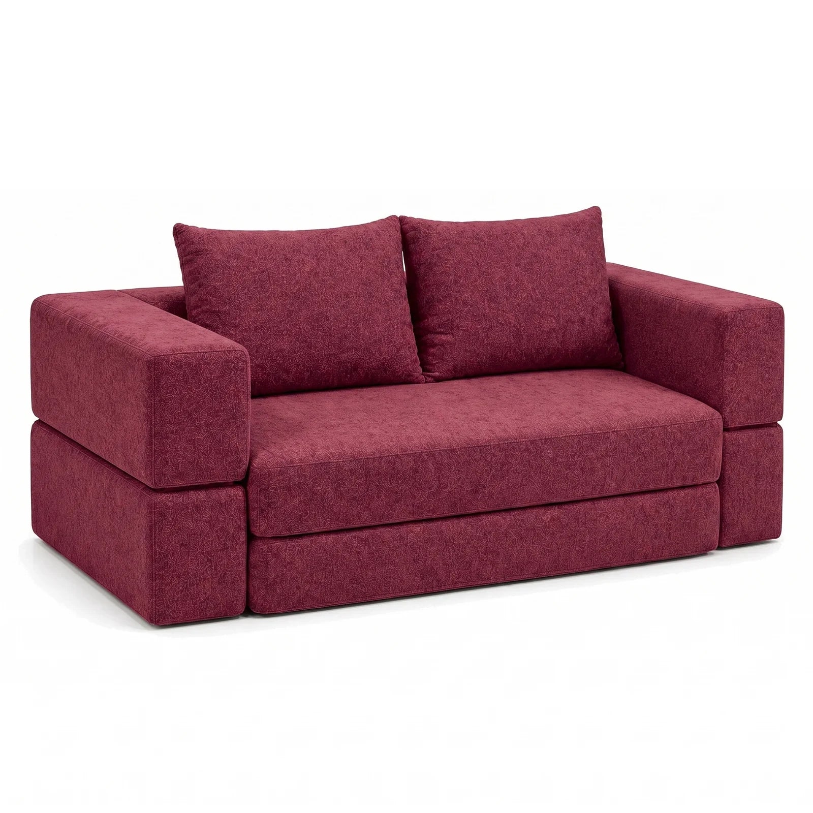 #RougeBordeaux Canapé lit Nido rouge bordeaux en tissu chenille, vue de trois quarts gauche