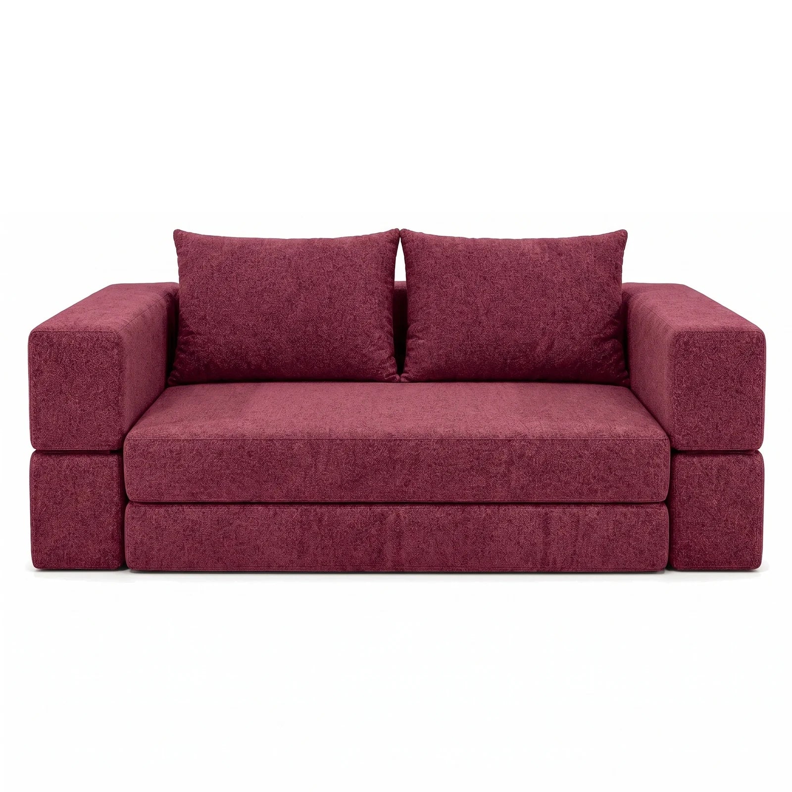 #RougeBordeaux Canapé lit Nido rouge bordeaux en tissu chenille, vue de face en position canapé 2 places