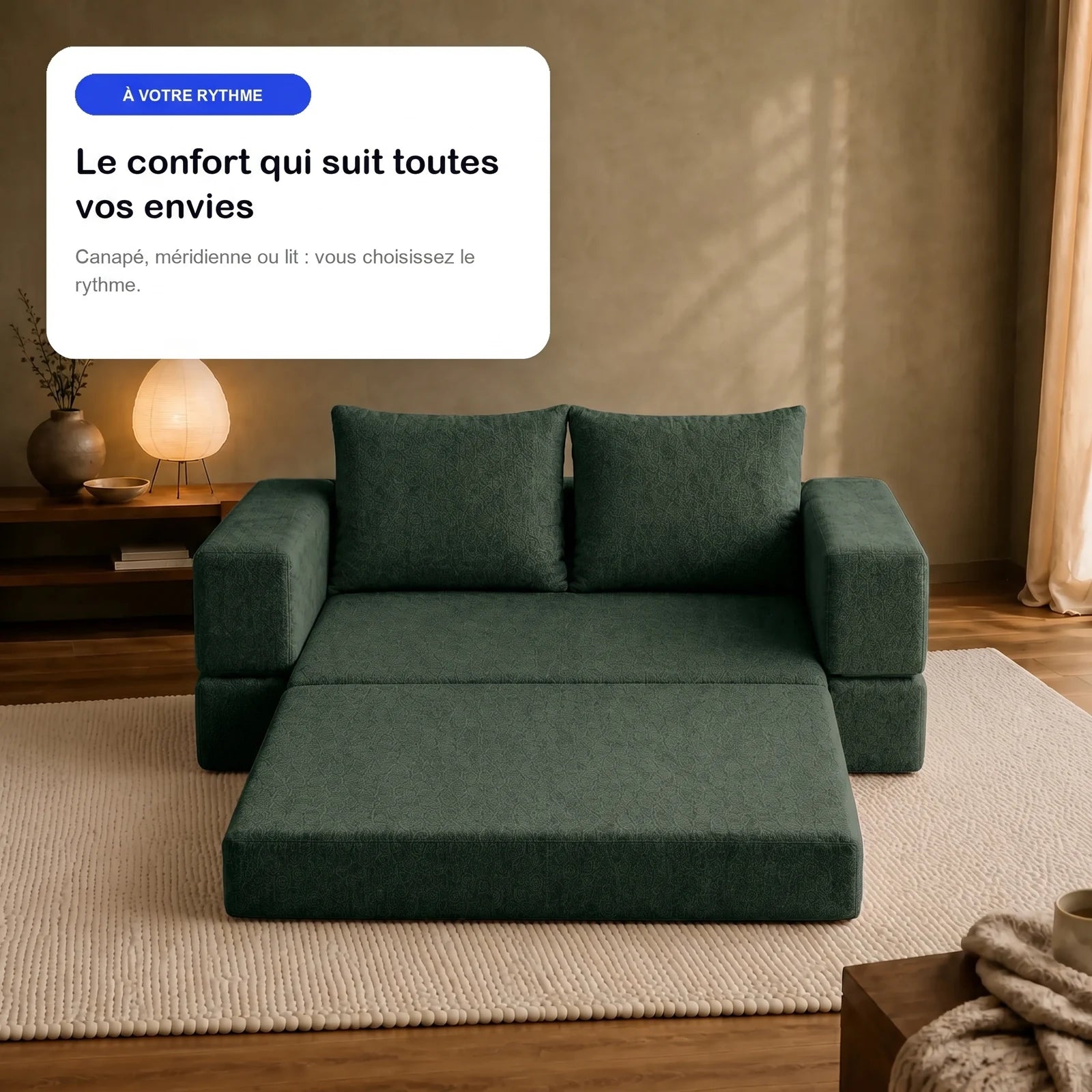 #Vert Canapé lit Nido vert en tissu chenille, en situation, ambiance salon