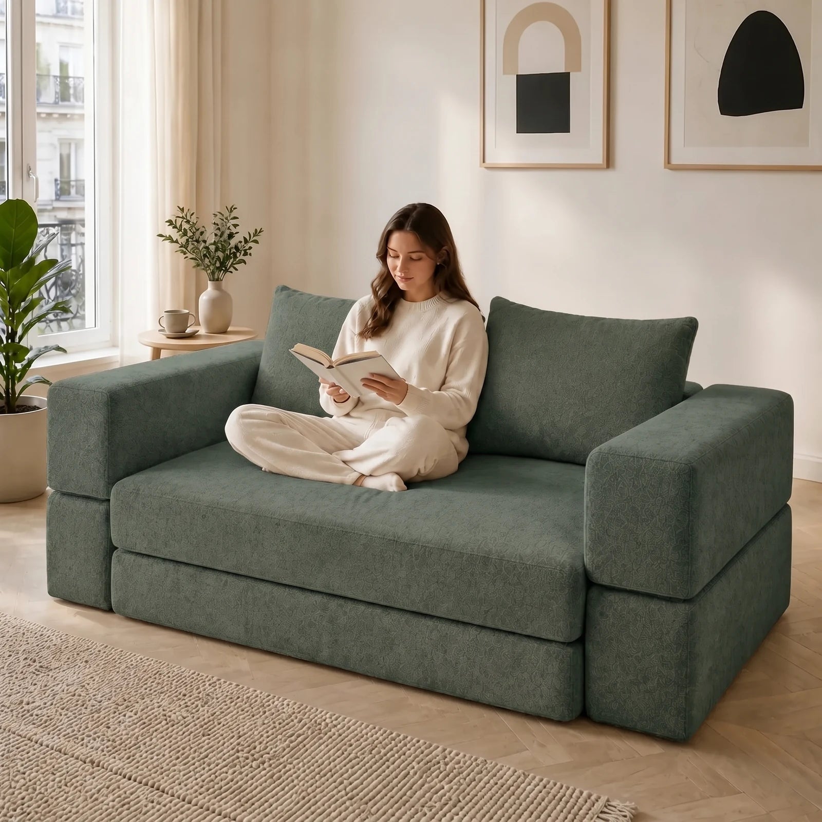 #Vert Canapé lit Nido vert en tissu chenille, installé dans un salon lumineux