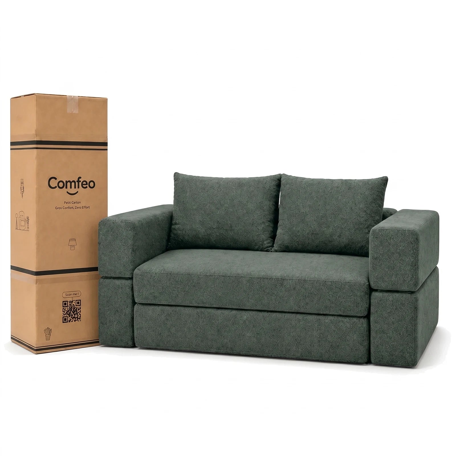 #Vert Canapé lit Nido vert en tissu chenille, livré compressé dans un seul carton de 45 x 45 x 125 cm