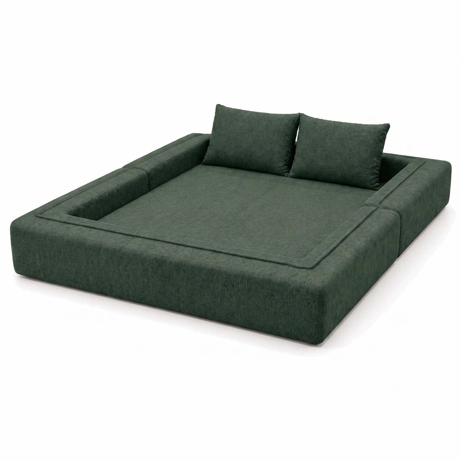 #Vert Canapé lit Nido vert en tissu chenille, déplié en lit de 200 x 200 cm, bordé sur trois côtés