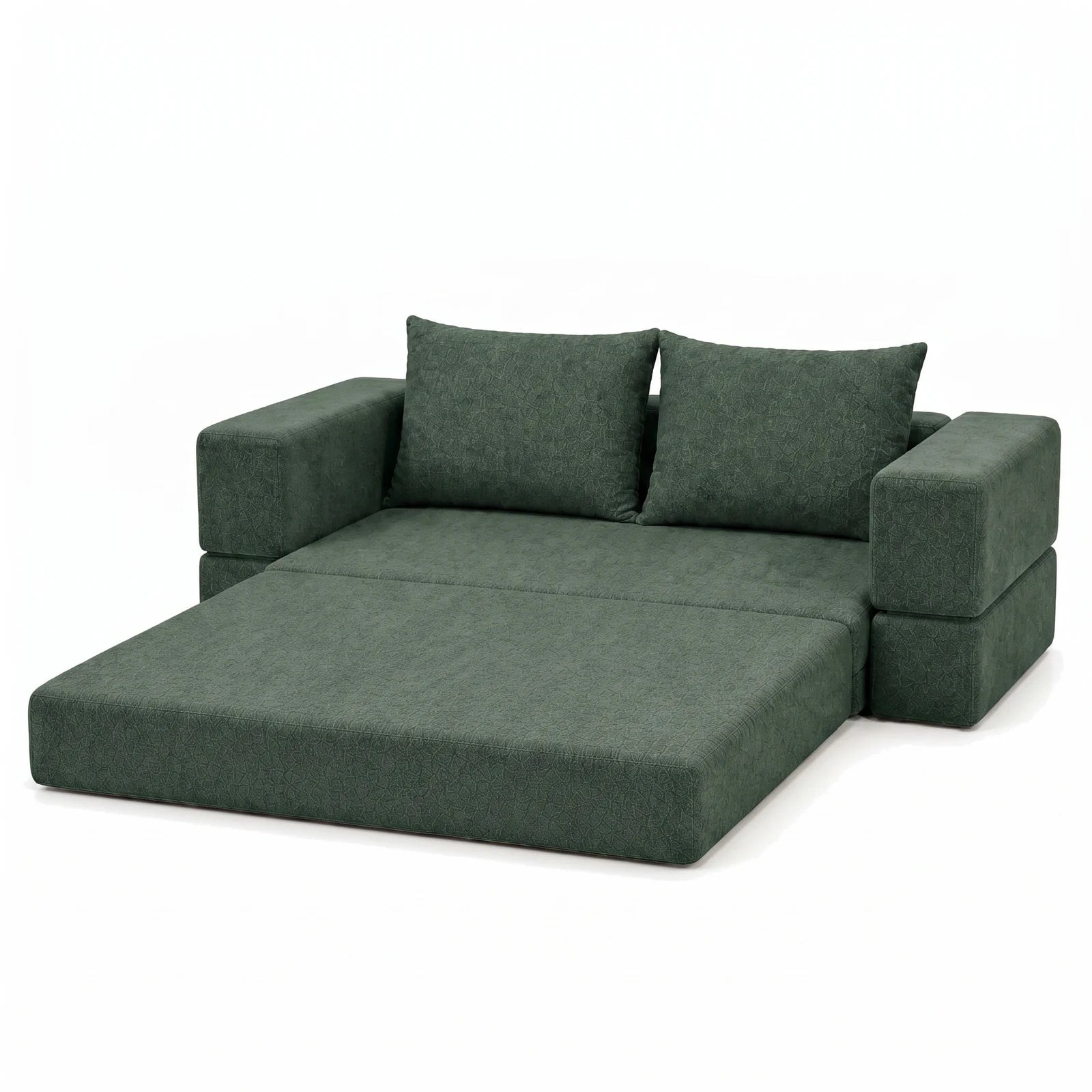 #Vert Canapé lit Nido vert en tissu chenille, déplié en position méridienne