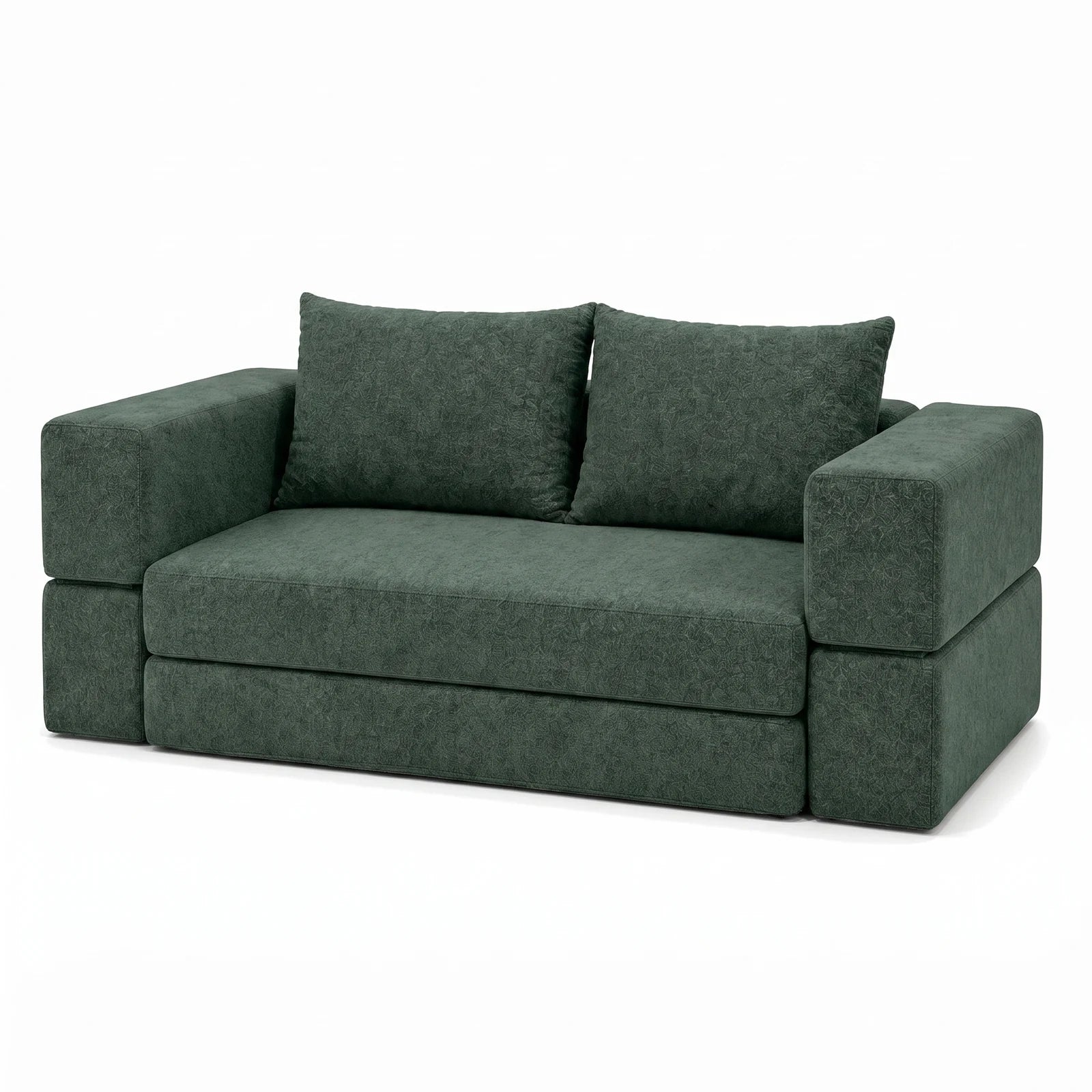 #Vert Canapé lit Nido vert en tissu chenille, vue de trois quarts droite, accoudoirs larges
