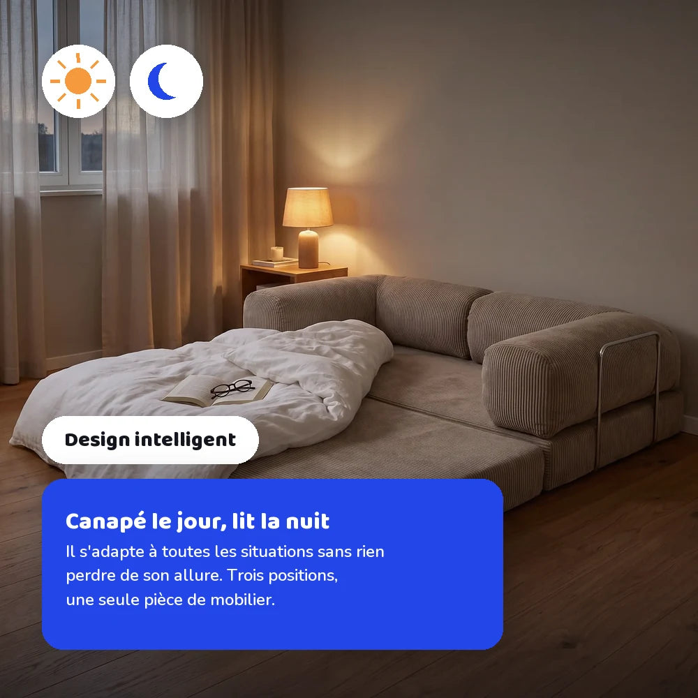 Canapé lit Nubo déplié en lit dans une chambre, canapé le jour et lit la nuit, trois positions