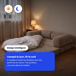 Canapé lit Nubo déplié en lit dans une chambre, canapé le jour et lit la nuit, trois positions