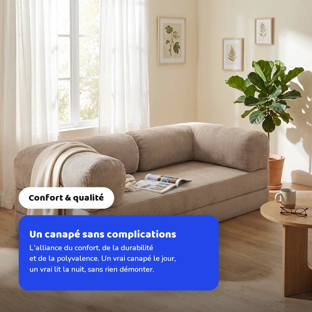 Canapé lit Nubo installé dans un salon, un canapé le jour et un vrai lit la nuit sans rien démonter