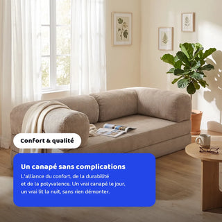 Canapé lit Nubo installé dans un salon, un canapé le jour et un vrai lit la nuit sans rien démonter