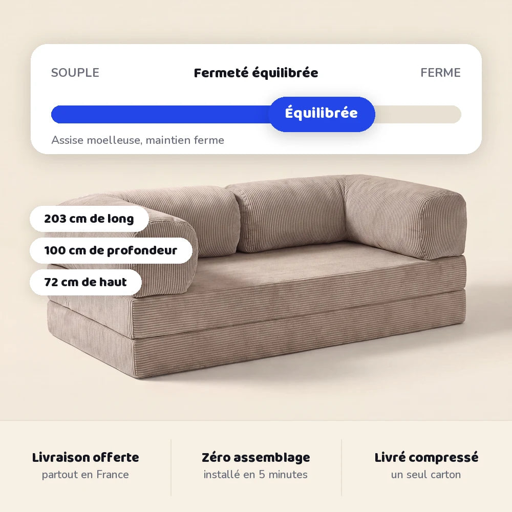 Fermeté équilibrée du canapé lit Nubo et ses dimensions : 203 cm de long, 100 cm de profondeur, 72 cm de haut