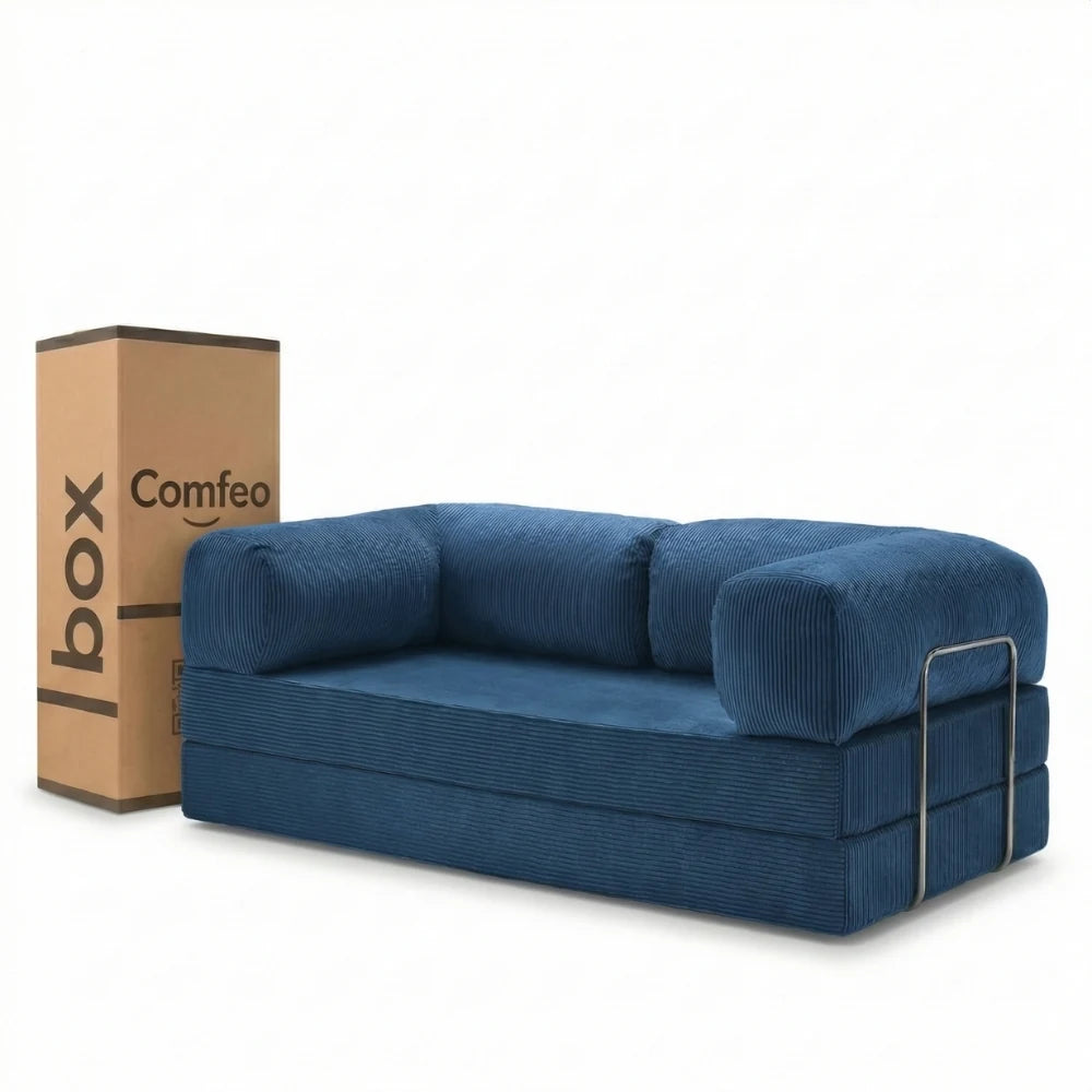 #Bleu Canapé lit Nubo bleu en velours côtelé, livré compressé dans un seul carton de 108 × 75 × 42 cm