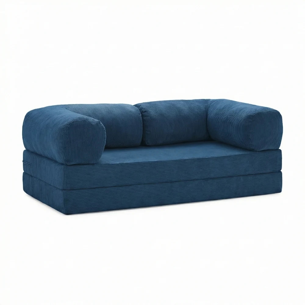 #Bleu Canapé lit Nubo bleu en velours côtelé, position canapé 2 places, 203 × 100 × 72 cm
