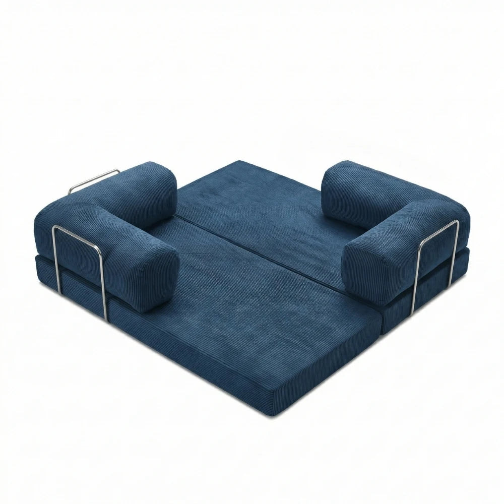 #Bleu Canapé lit Nubo bleu en position méridienne, dossier repositionnable sans outil