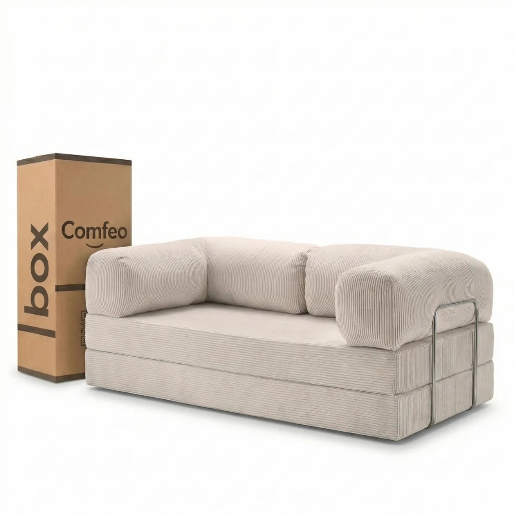 #Crème Canapé lit Nubo crème en velours côtelé, livré compressé dans un seul carton de 108 × 75 × 42 cm