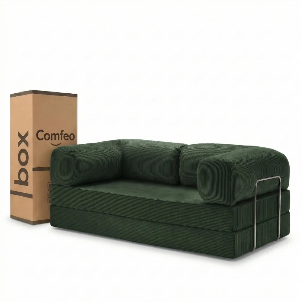 #Emeraude Canapé lit Nubo emeraude en velours côtelé, livré compressé dans un seul carton de 108 × 75 × 42 cm