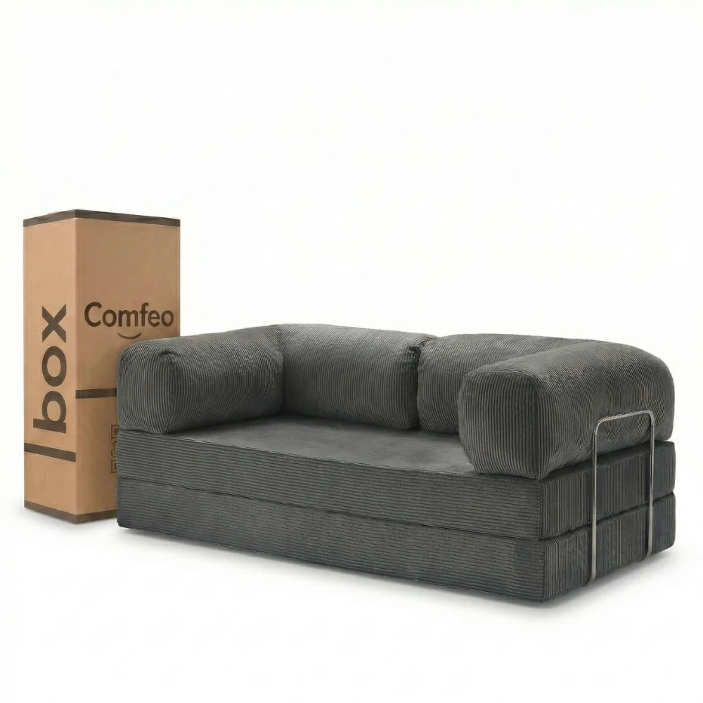 #Grisfoncé Canapé lit Nubo gris foncé en velours côtelé, livré compressé dans un seul carton de 108 × 75 × 42 cm