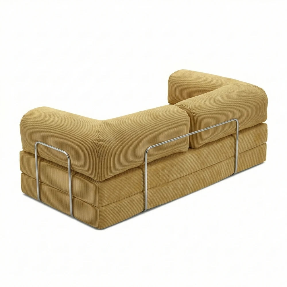 #Jaune Canapé lit Nubo jaune, vue trois quarts montrant l'armature chromée latérale et les trois couches de mousse