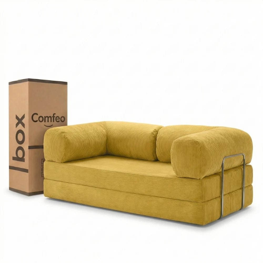 #Jaune Canapé lit Nubo jaune en velours côtelé, livré compressé dans un seul carton de 108 × 75 × 42 cm