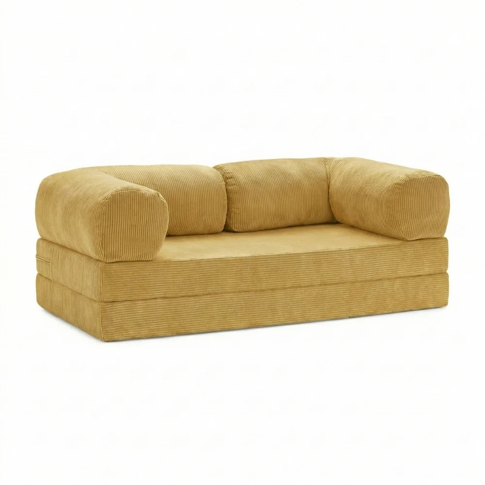 #Jaune Canapé lit Nubo jaune en velours côtelé, position canapé 2 places, 203 × 100 × 72 cm