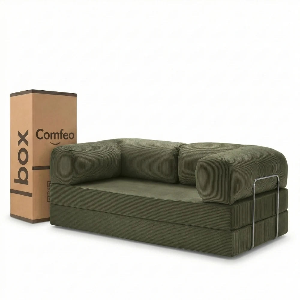 #Kaki Canapé lit Nubo kaki en velours côtelé, livré compressé dans un seul carton de 108 × 75 × 42 cm