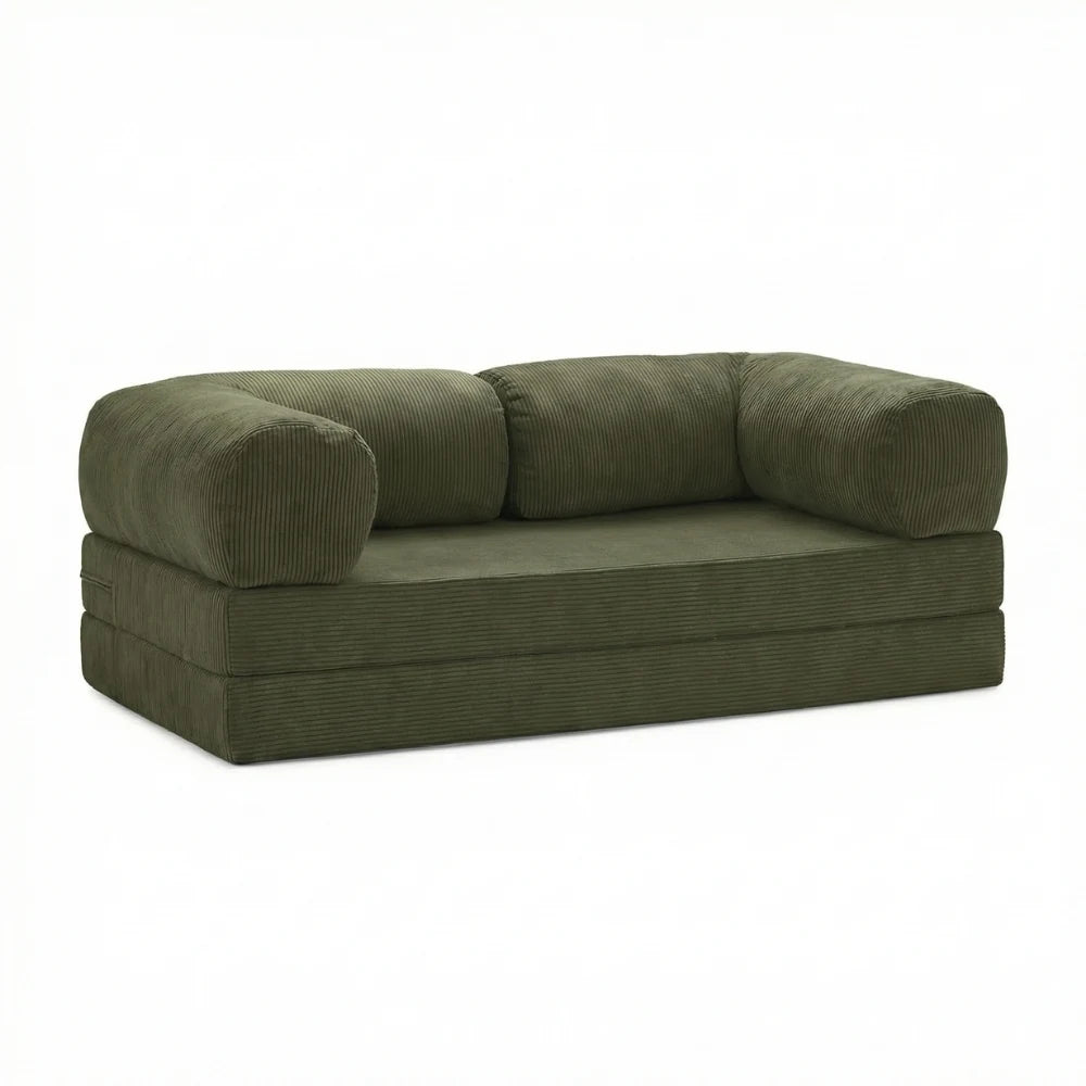 #Kaki Canapé lit Nubo kaki en velours côtelé, position canapé 2 places, 203 × 100 × 72 cm