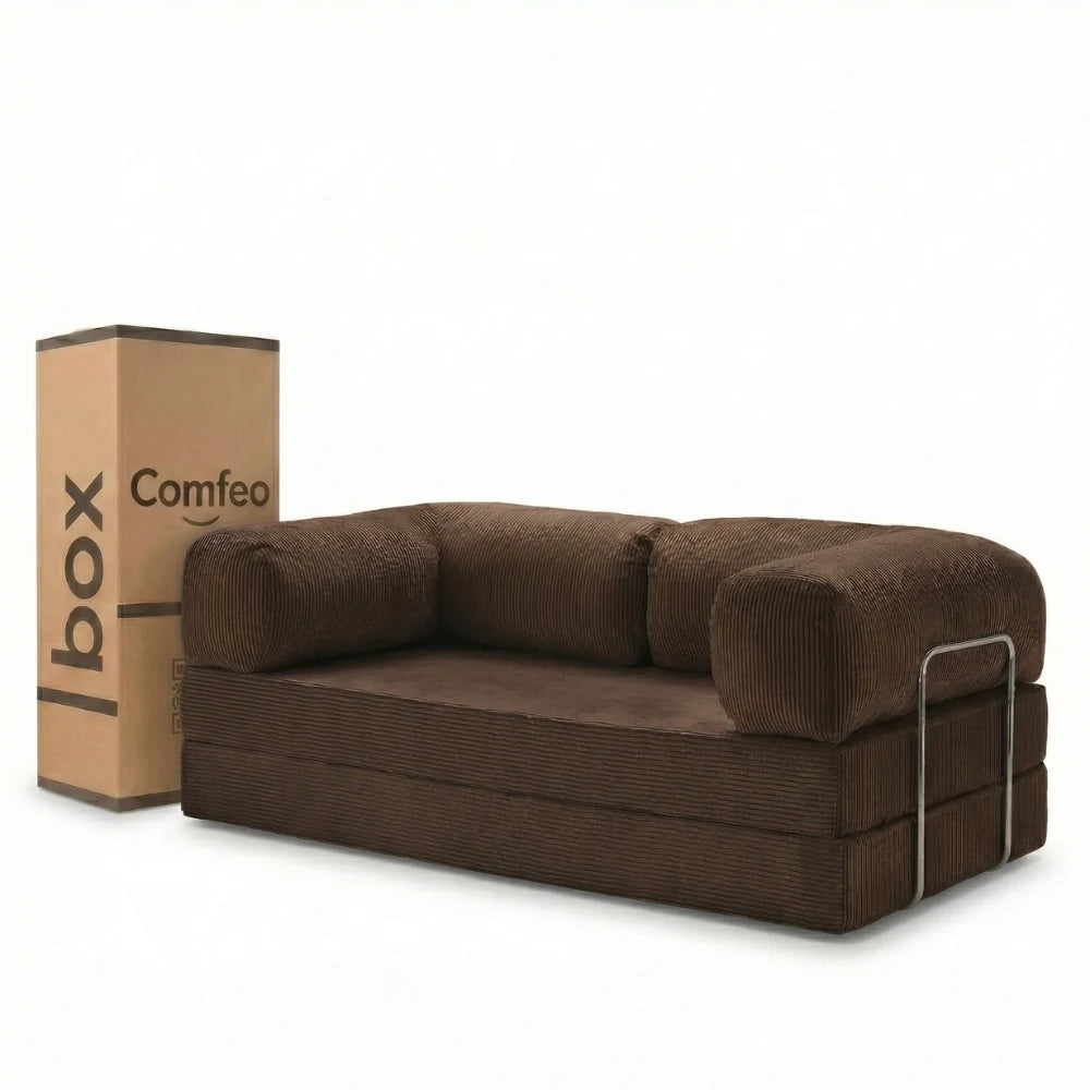 #Marron Canapé lit Nubo marron en velours côtelé, livré compressé dans un seul carton de 108 × 75 × 42 cm