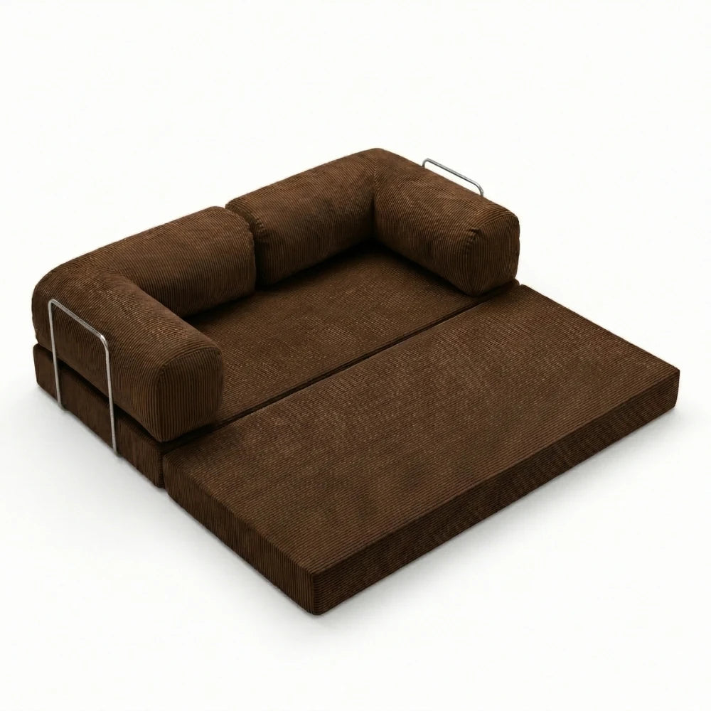 #Marron Canapé lit Nubo marron en position méridienne, dossier repositionnable sans outil
