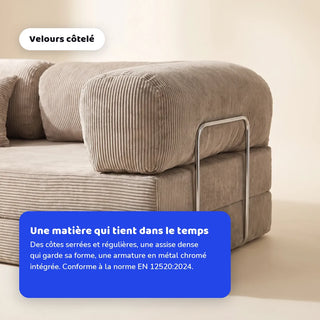 Gros plan sur le velours côtelé du canapé lit Nubo et son armature en métal chromé, conforme à la norme EN 12520:2024