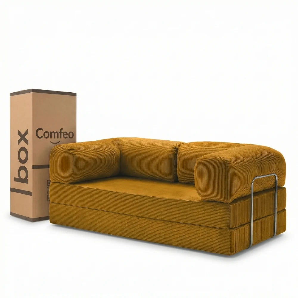 #Moutarde Canapé lit Nubo moutarde en velours côtelé, livré compressé dans un seul carton de 108 × 75 × 42 cm