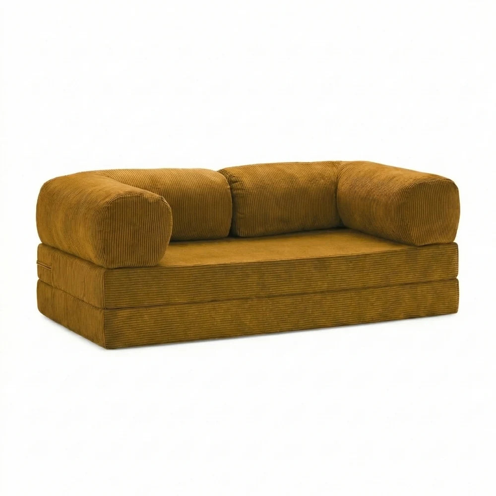 #Moutarde Canapé lit Nubo moutarde en velours côtelé, position canapé 2 places, 203 × 100 × 72 cm