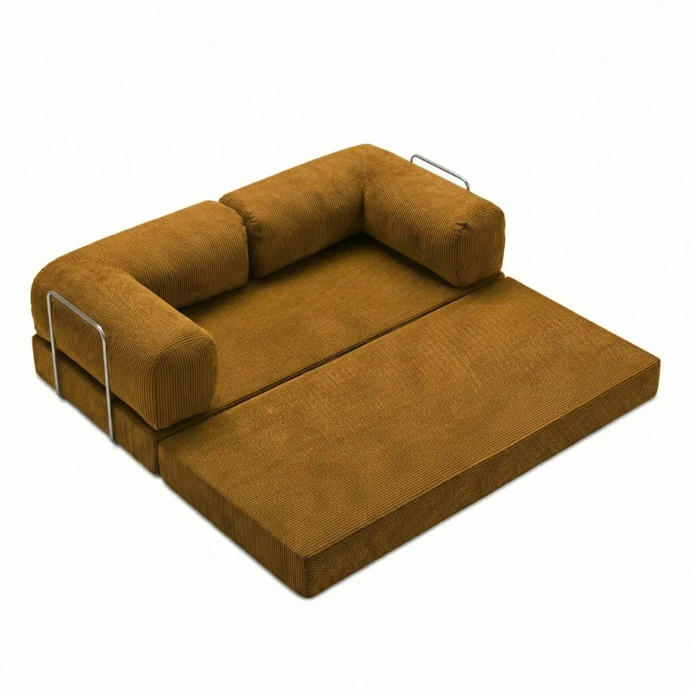 #Moutarde Canapé lit Nubo moutarde déplié en lit 2 places de 203 × 100 cm, sans matelas d'appoint