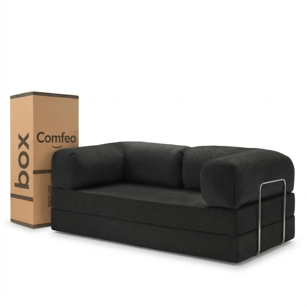 #Noir Canapé lit Nubo noir en velours côtelé, livré compressé dans un seul carton de 108 × 75 × 42 cm