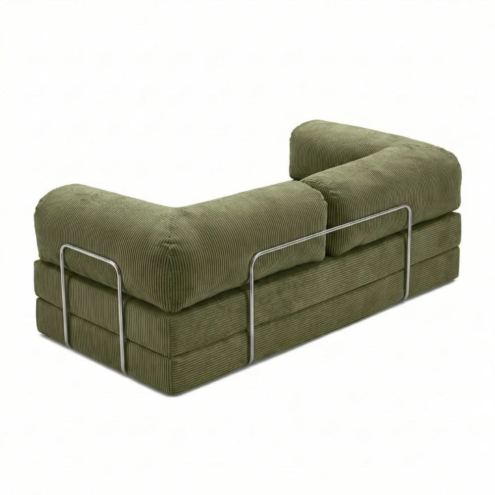 #Olive Canapé lit Nubo olive, vue trois quarts montrant l'armature chromée latérale et les trois couches de mousse